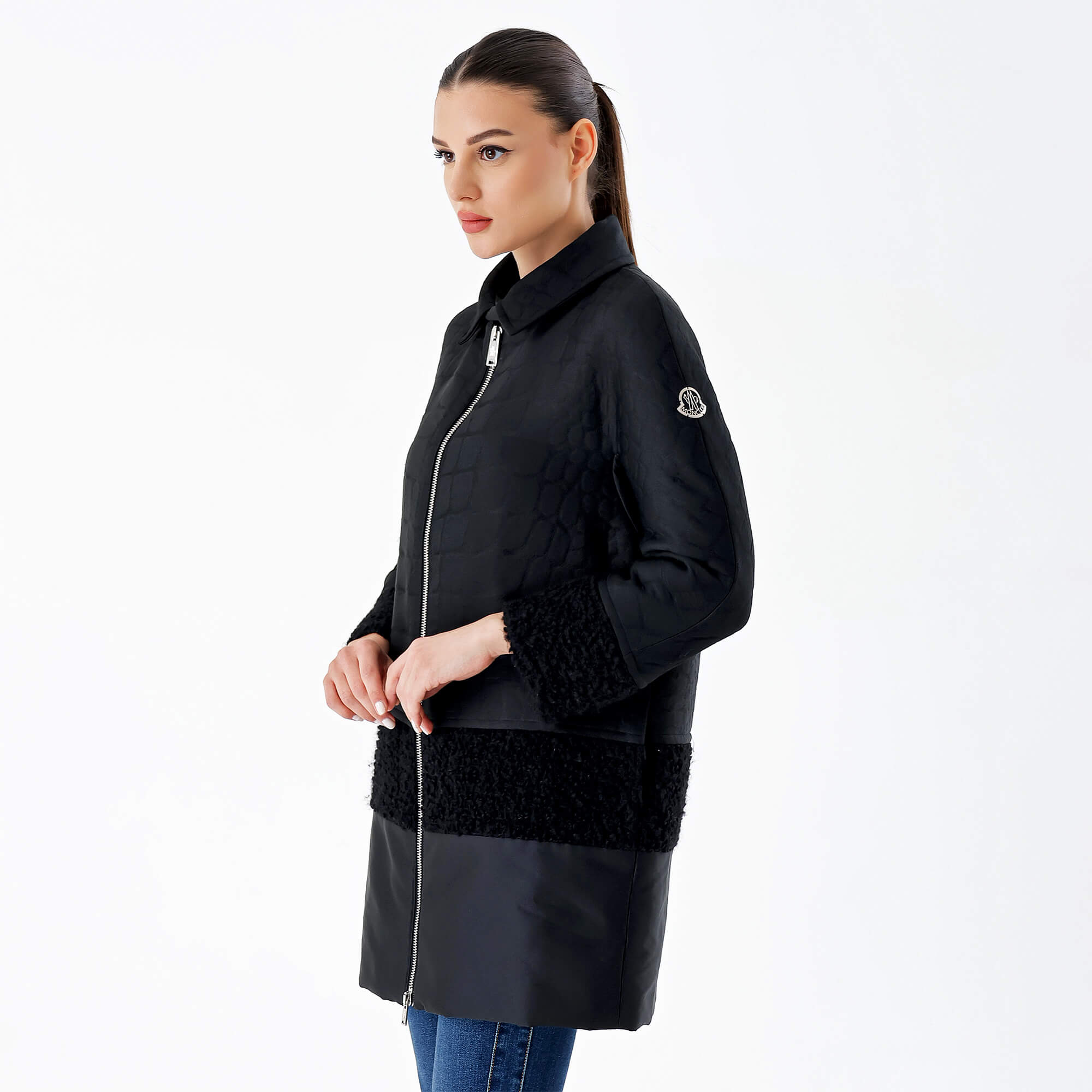 Moncler-Black and Wool Detail Long Coat